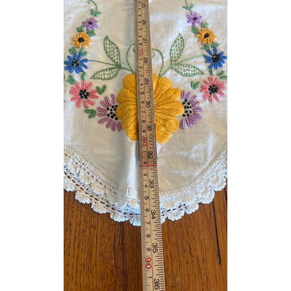 Vtg Hand Embroidered Floral Pillowcases Crochet Lace Pair 17x34